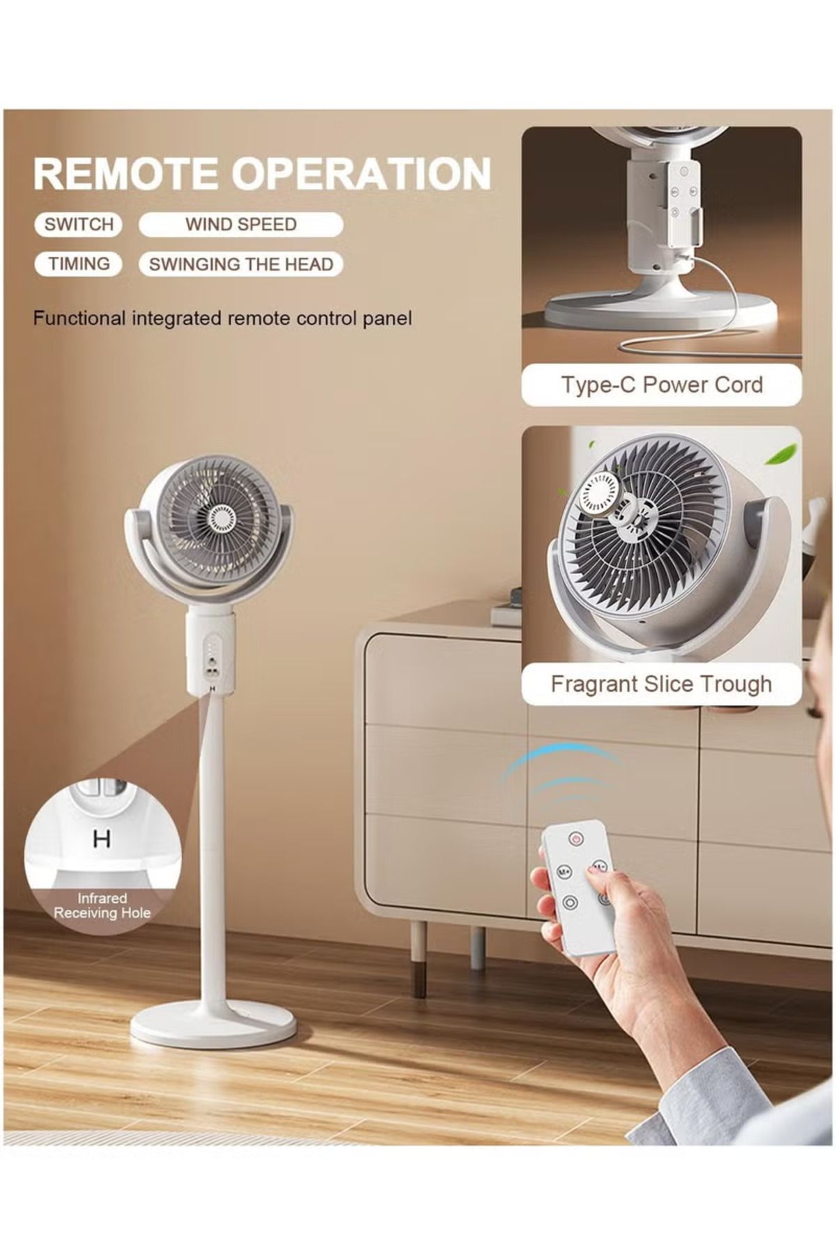 Denx-DX2607 Folding Floor Fan with 5 Speeds, Remote Control, USB Charging - TYPEC 3