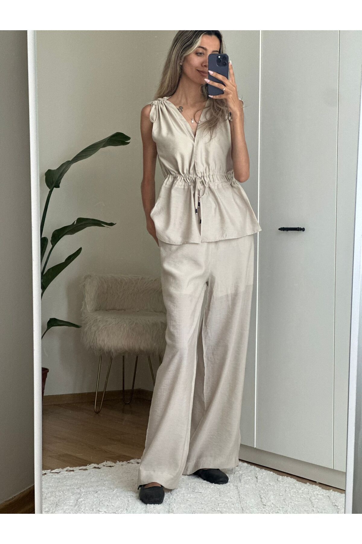 MODA Bej Omuz Bel Büzgülü Bluz Pantolon Takım
