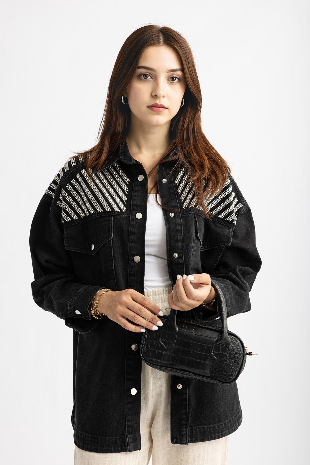 Suede Style 5507 - Boncuk İşlemeli Rahat Şık Kadın Kot Ceket
