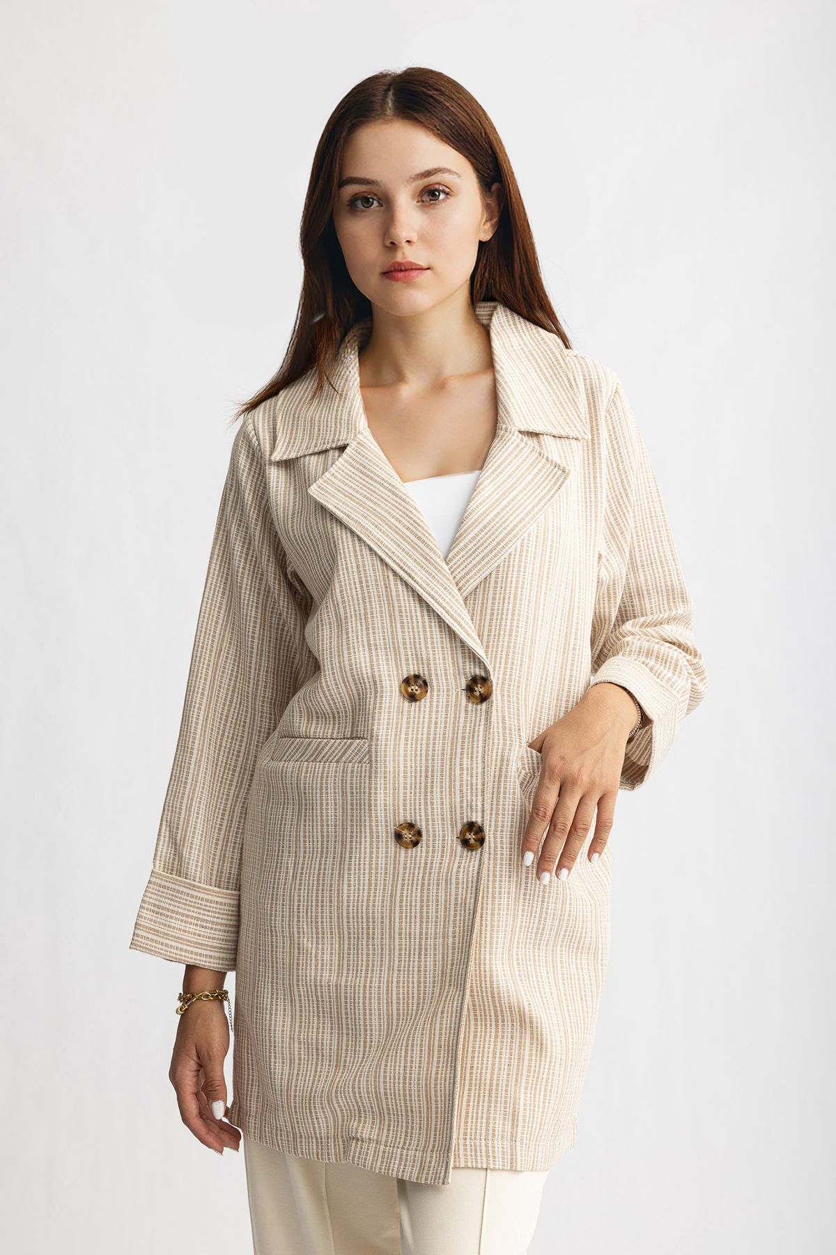 Suede Style 8032 - Rahat Şık Kadın Dokuma Düğmeli Tunik Ceket