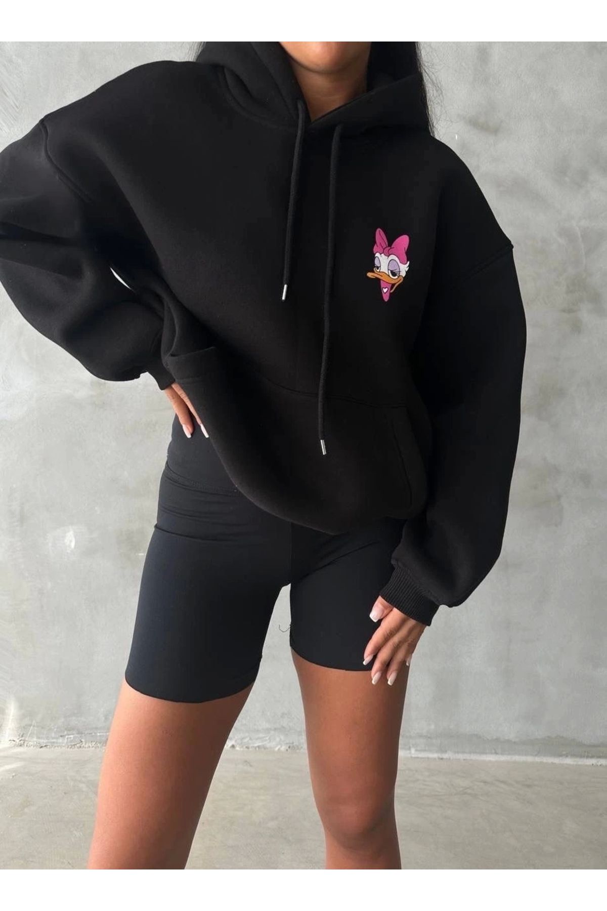 gizmurstore 3 iplik şardonlu oversize compact ördek baskılı sweat siyah