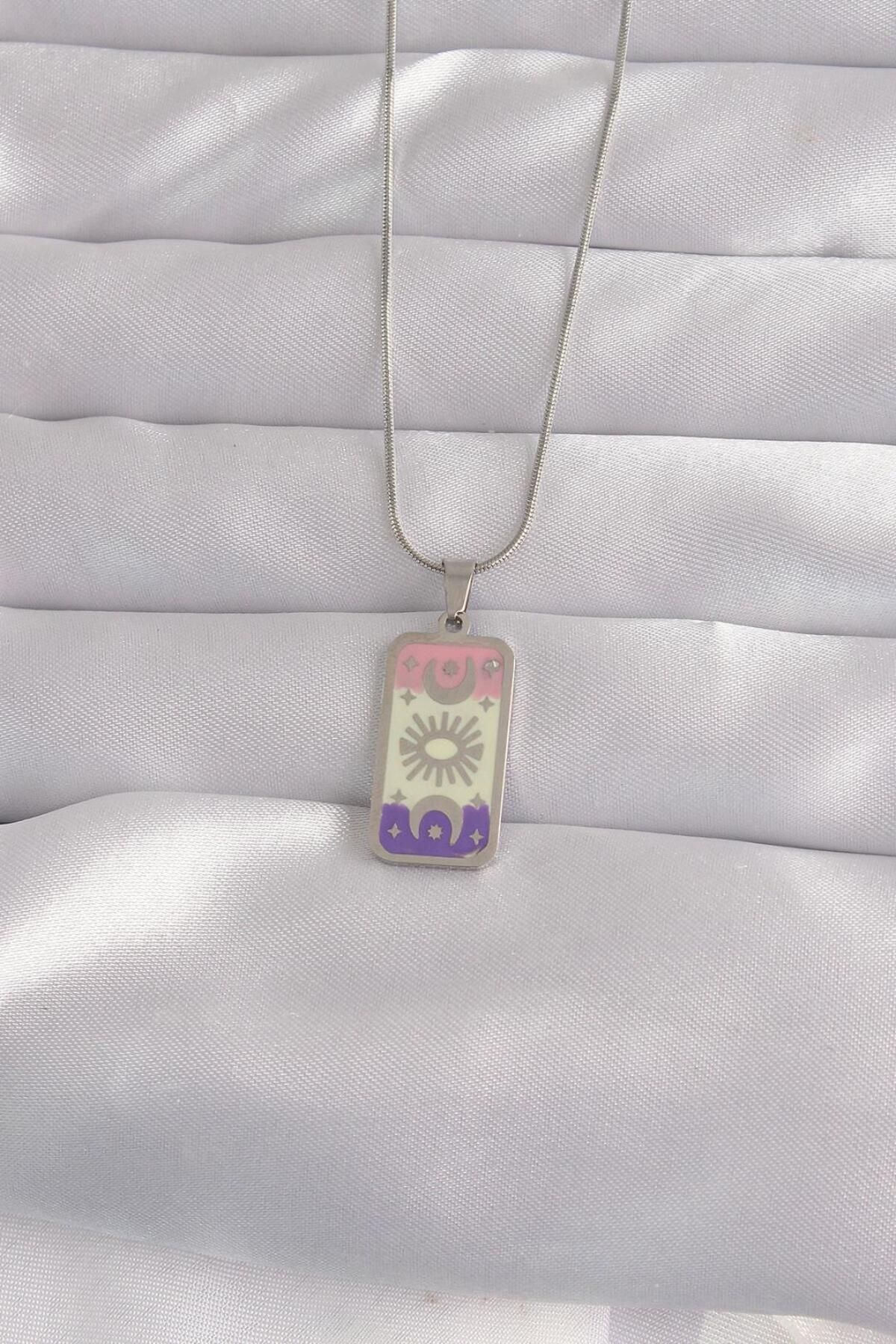 AfraBeauty 316L Çelik Gümüş Renk Karışık Mineli Ay Figür Tarot Kolye