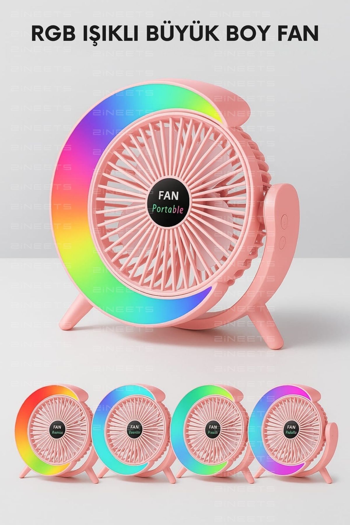 POLYGOLD RGB Işıklı Fan Şarjlı Vantilatör Büyük Boy Masaüstü Fan Taşınabilir 3 Kademeli Usb Pervane