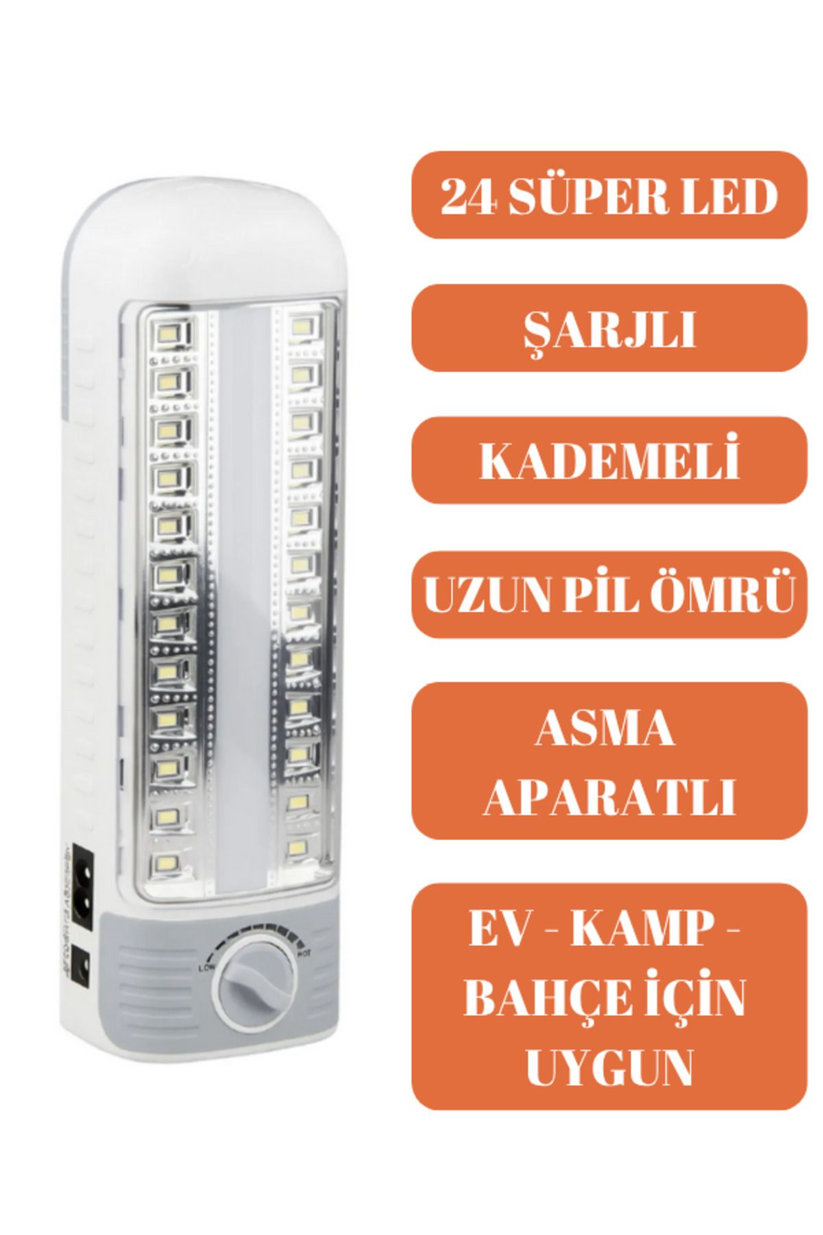 GOBAX Kamp Lambası 24 Süper Led Kademeli Lamba Işıldak Portatif Fener Fiş Şarjlı Aparatlı Kulplu
