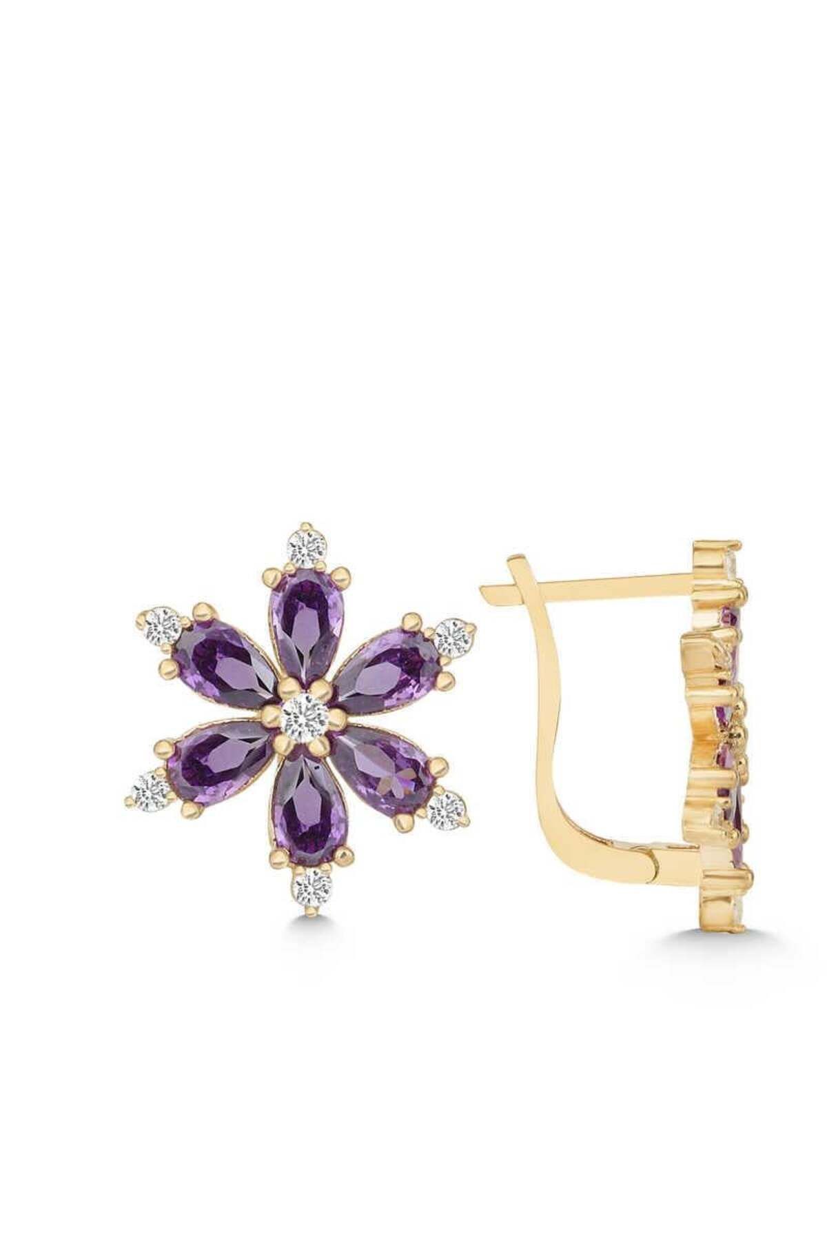 supertrend Süpertrend Gümüş Gold Mor Lotus Çiçeği Kadın Küpe