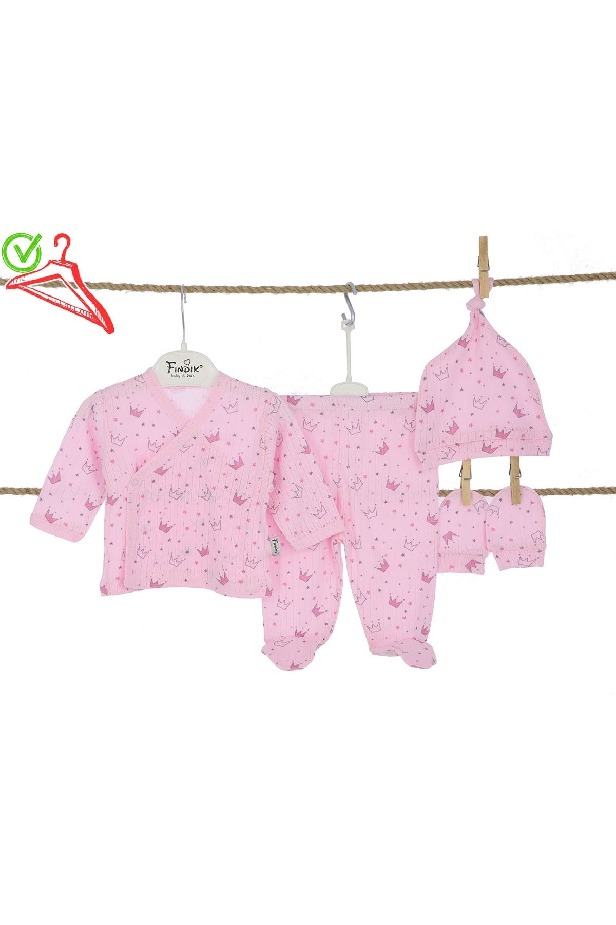 Novavella Bebek Kız Pembe Taç Desenli %100 Pamuklu 4'lü Hastane Çıkışı Set
