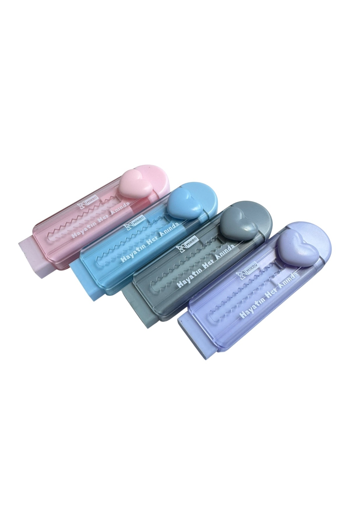 Polin Kalp Desenli Sürgülü Silgi Seti, 4 Parça, Pastel Renkli (Gri, Pembe, Lila, Mavi)