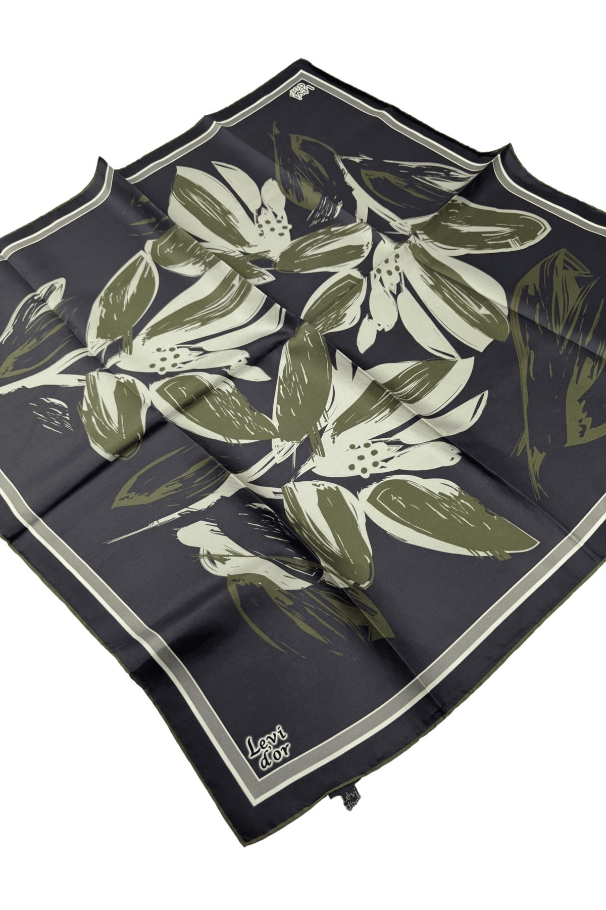 Levidor Twill İpek Eşarp LD474 Çiçekli Desen Antrasit-Haki