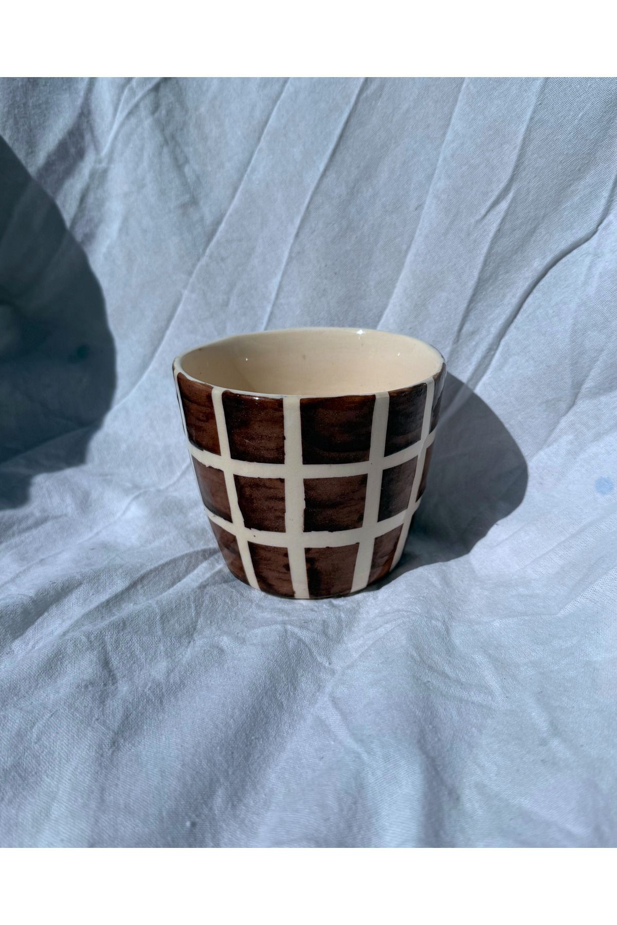 archeceramic Arche Ceramic El Yapmı Seramik Kupa - Kareli - Kahverengi - 300 ml - Tekli