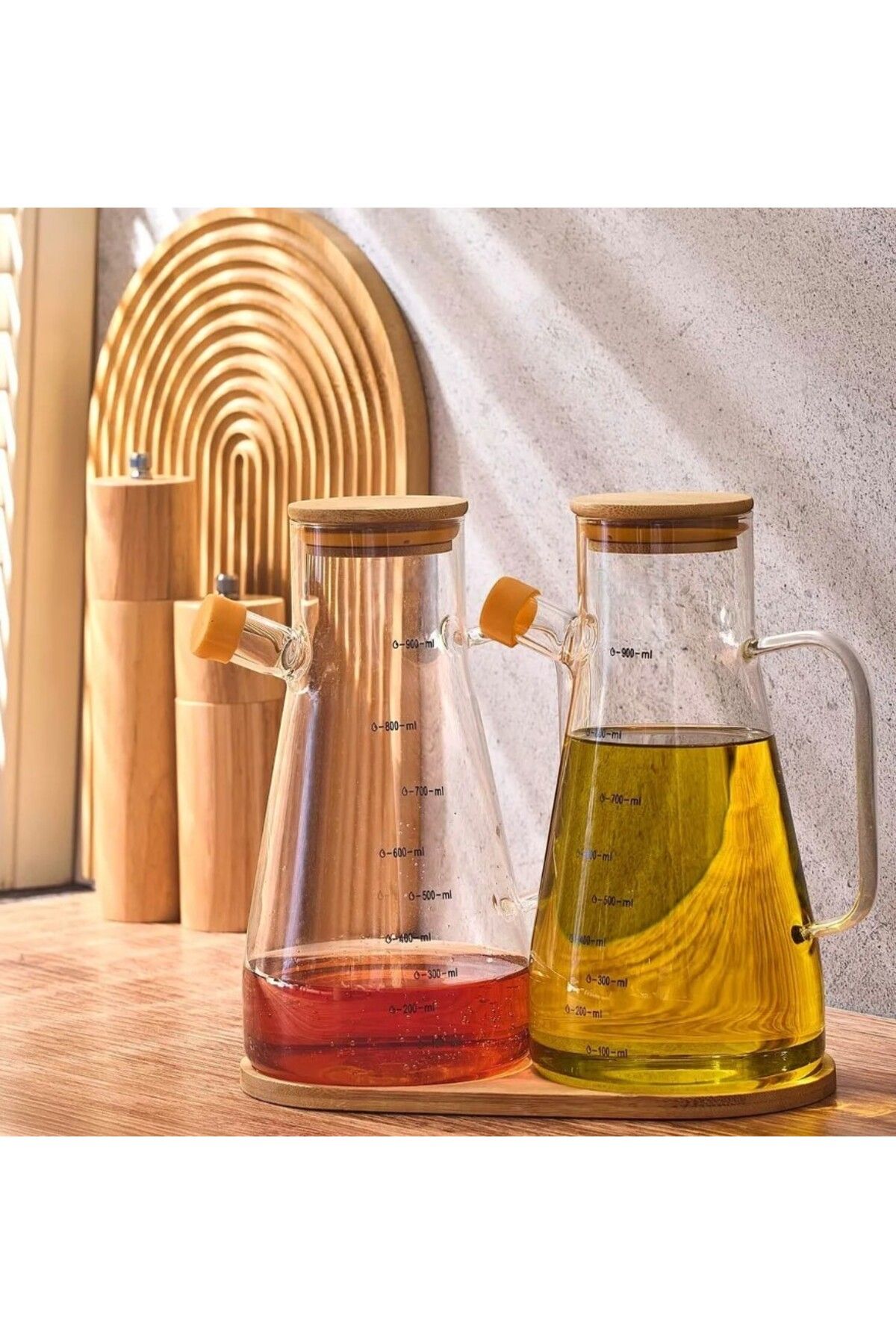 Flash Bazaar 2'li Bambu Kapaklı Cam Yağdanlık Ve Stand ile Birlikte Cam Yağlık- Sirkelik 900ml