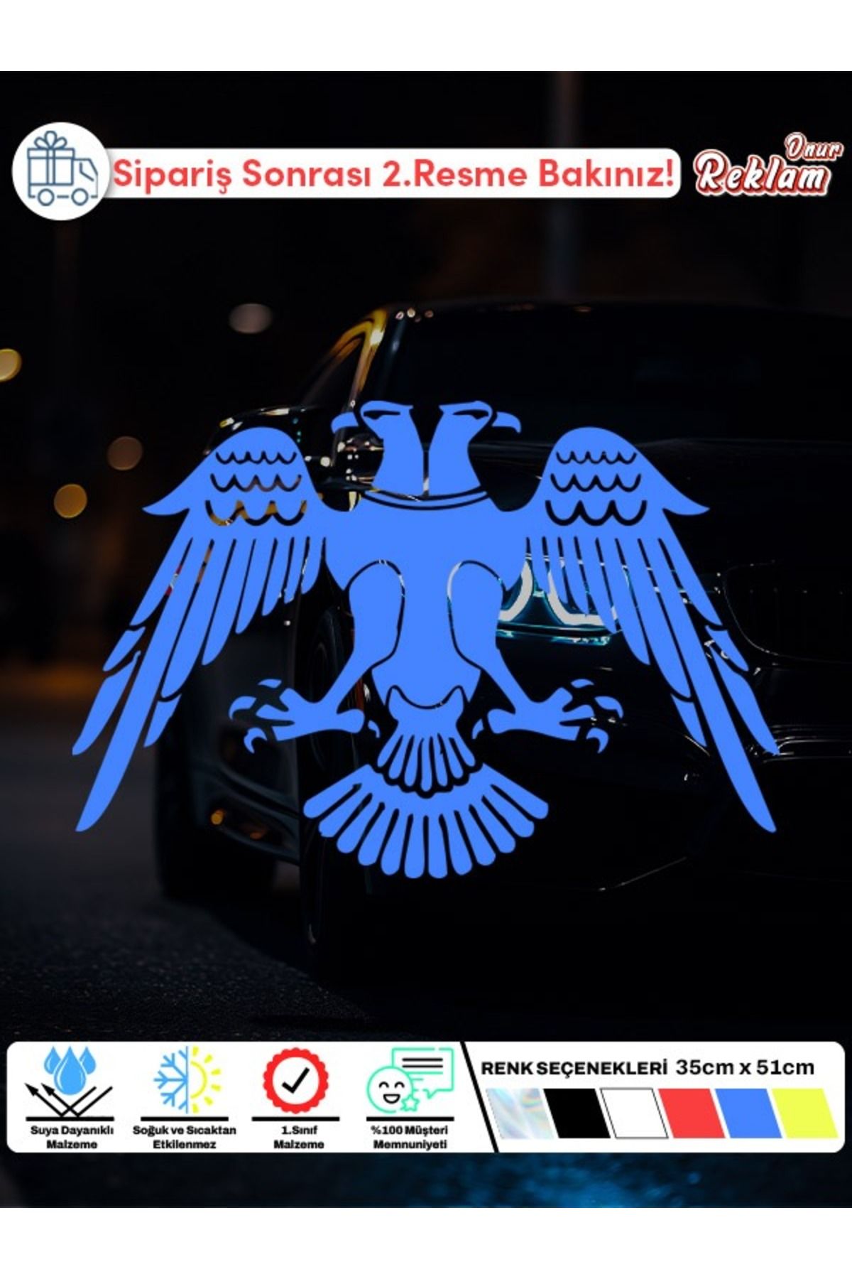 Onur Reklam Çift Başlı Kartal Sticker – Suya Dayanıklı Araç Camı ve Kaput Etiketi 35x51 cm – 6 Renk Seçeneği
