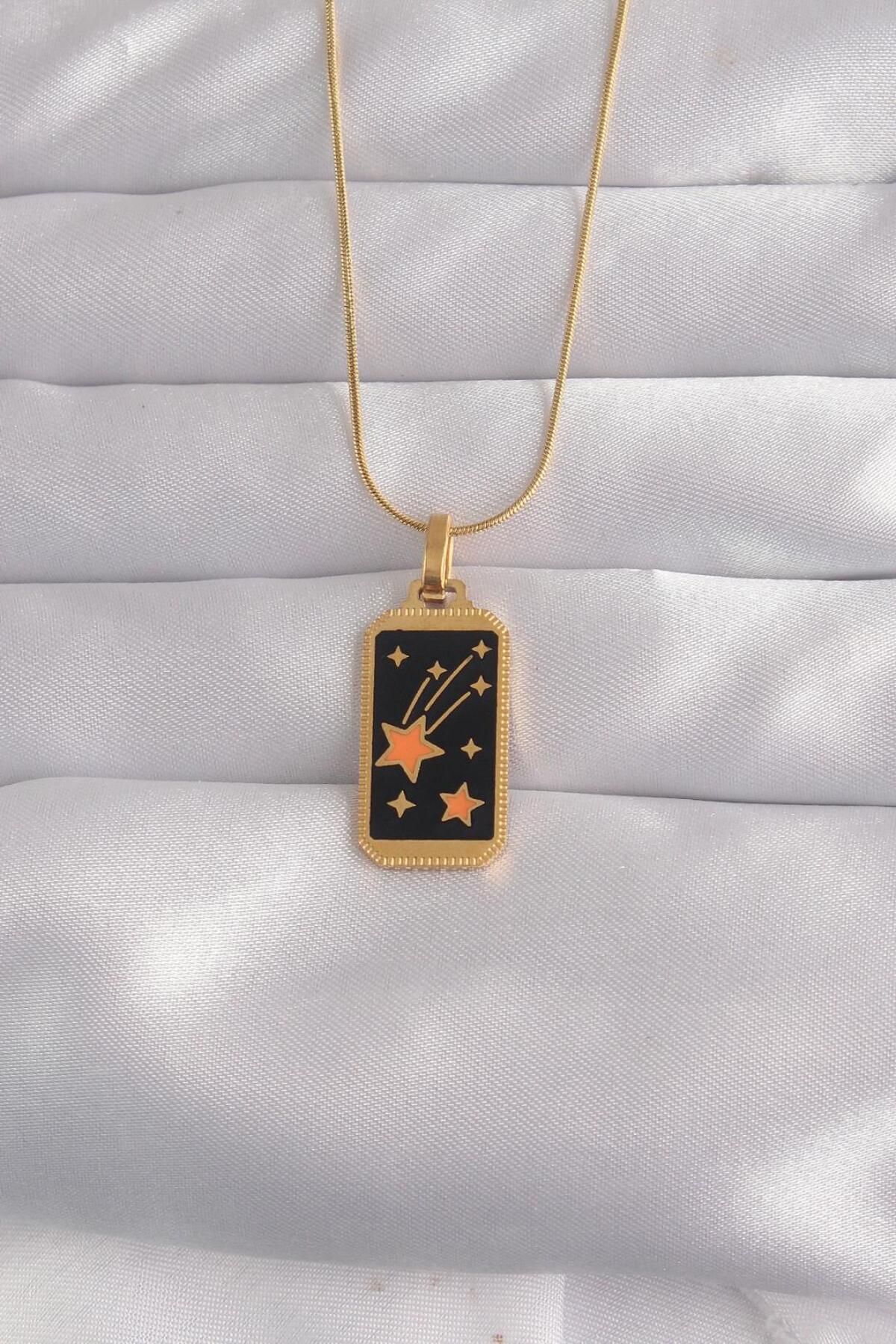 AfraBeauty 316L Çelik Gold Renk Siyah Mineli Yıldız Figür Tarot Kolye