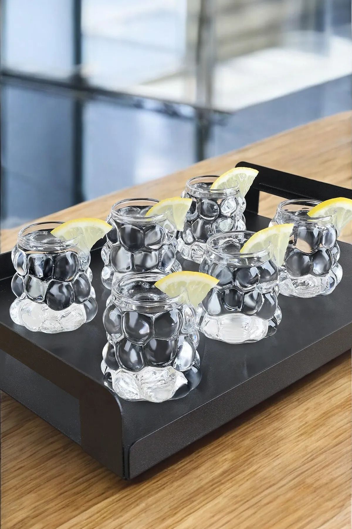Seram Collection 6'lı Borosilikat Cam Kahve Yanı Su Bardağı - Mini Boy Boncuk Şekilli Üzüm Model Sunum Bardağı 60 ml