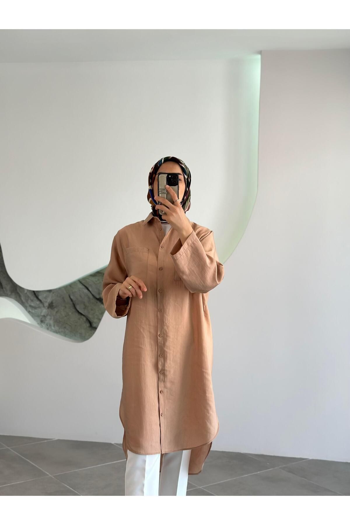 BÜRDE Düğmeli Basic Camel Renk Kadın Uzun Gömlek