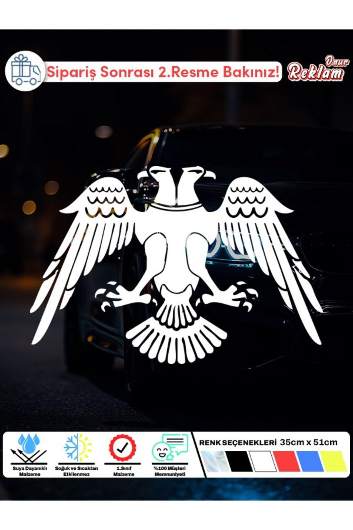 Onur Reklam Çift Başlı Kartal Sticker – Suya Dayanıklı Araç Camı ve Kaput Etiketi 35x51 cm – 6 Renk Seçeneği