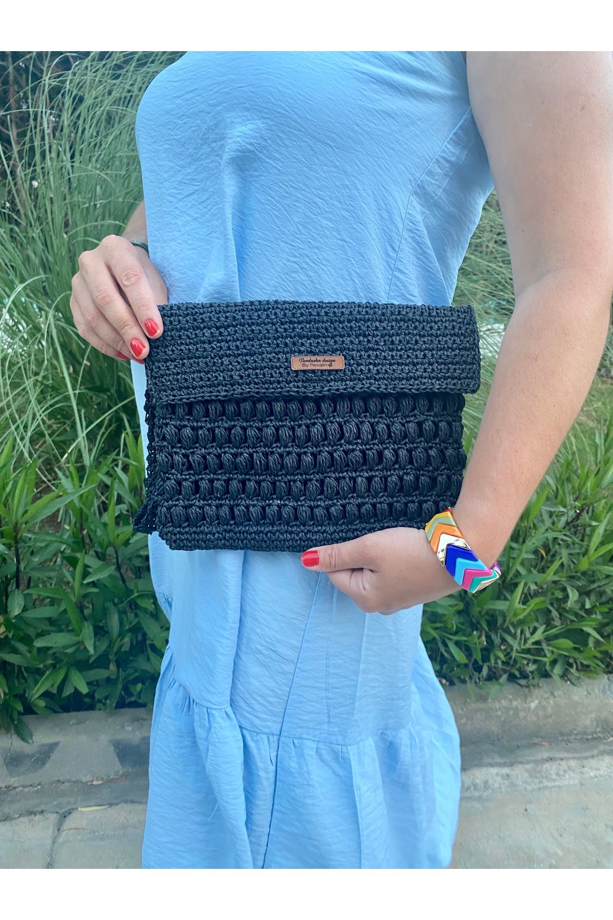 Nevdusha Design El Örgüsü Kapaklı Hasır Kadın Clutch El Çantası