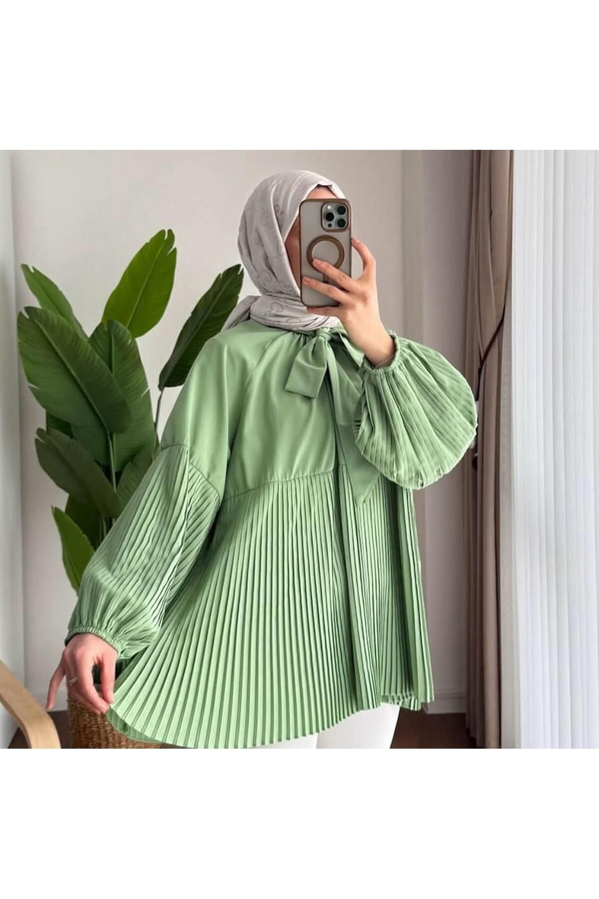 MODA 3041 İnce Pile Detaylı Yakadan Fularlı Balon Kol Gömlek Tunik