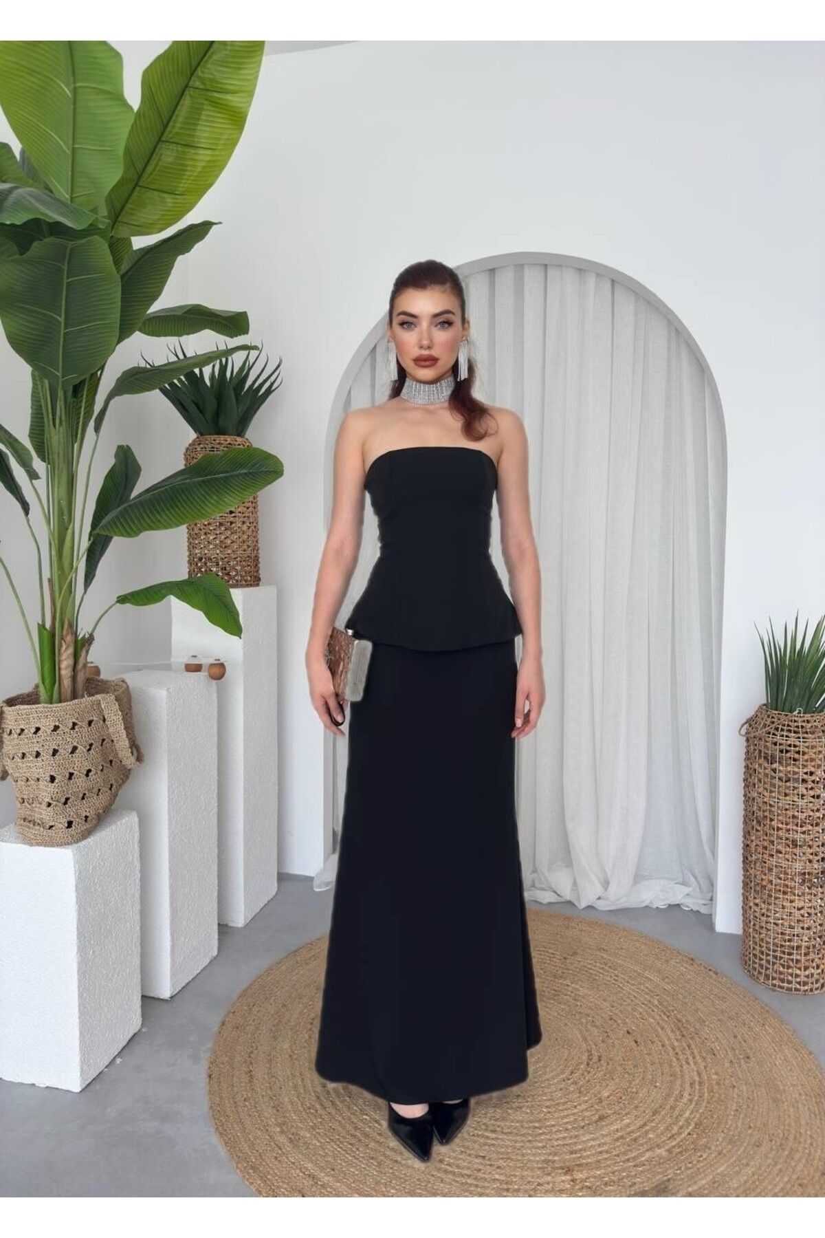 Julidress Takım Görünümlü Straplez Yaka Maxi Uzun Boy Premium Elbise