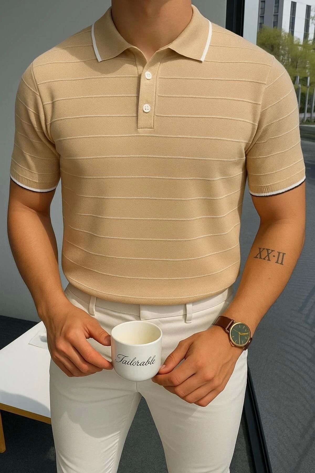 LC Waikiki LCWAIKIKI Polo Yaka Düğmeli Çizgi Kabartmalı Kısa Kollu Yazlık Erkek Triko Tşört
