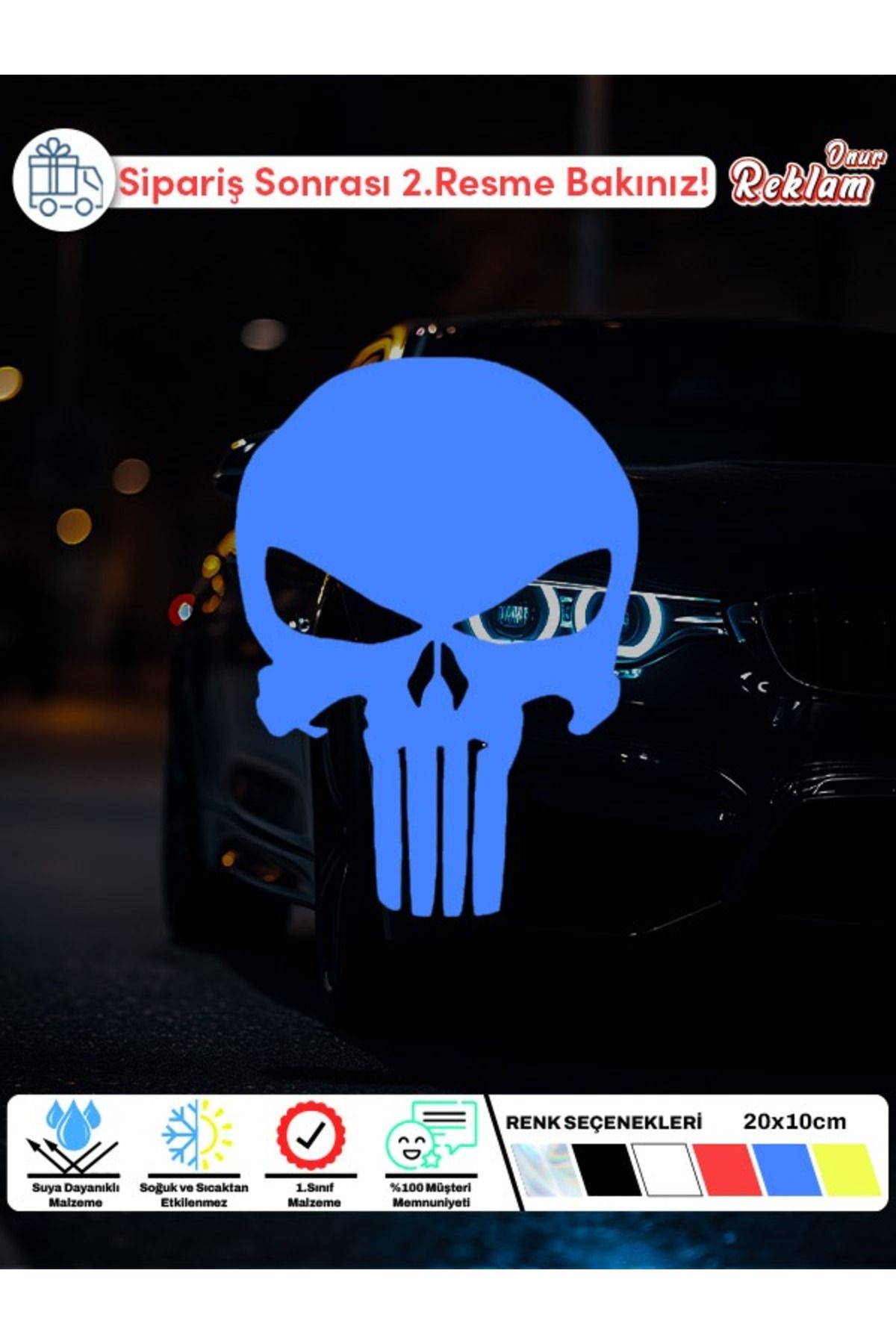 Onur Reklam Punisher Kafatası Sticker – Fosforlu & Renk Seçenekli – 20x10 cm