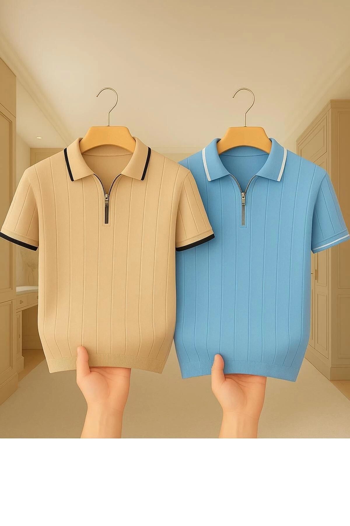 LC Waikiki LCWAIKIKI 2'li Avantajlı %100 Pamuk Triko Polo Yaka Fermuarlı Tişört Şık Ve Kaliteli Erkek T-shirt Y