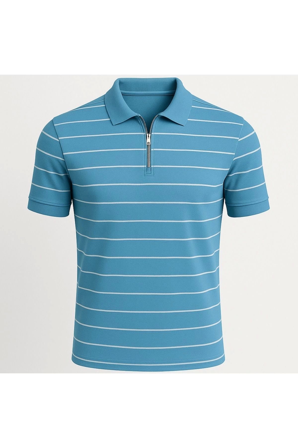 LC Waikiki Polo Yaka Yarım Fermuar Yatay Çizgi Desenli Triko Erkek T-Shirt