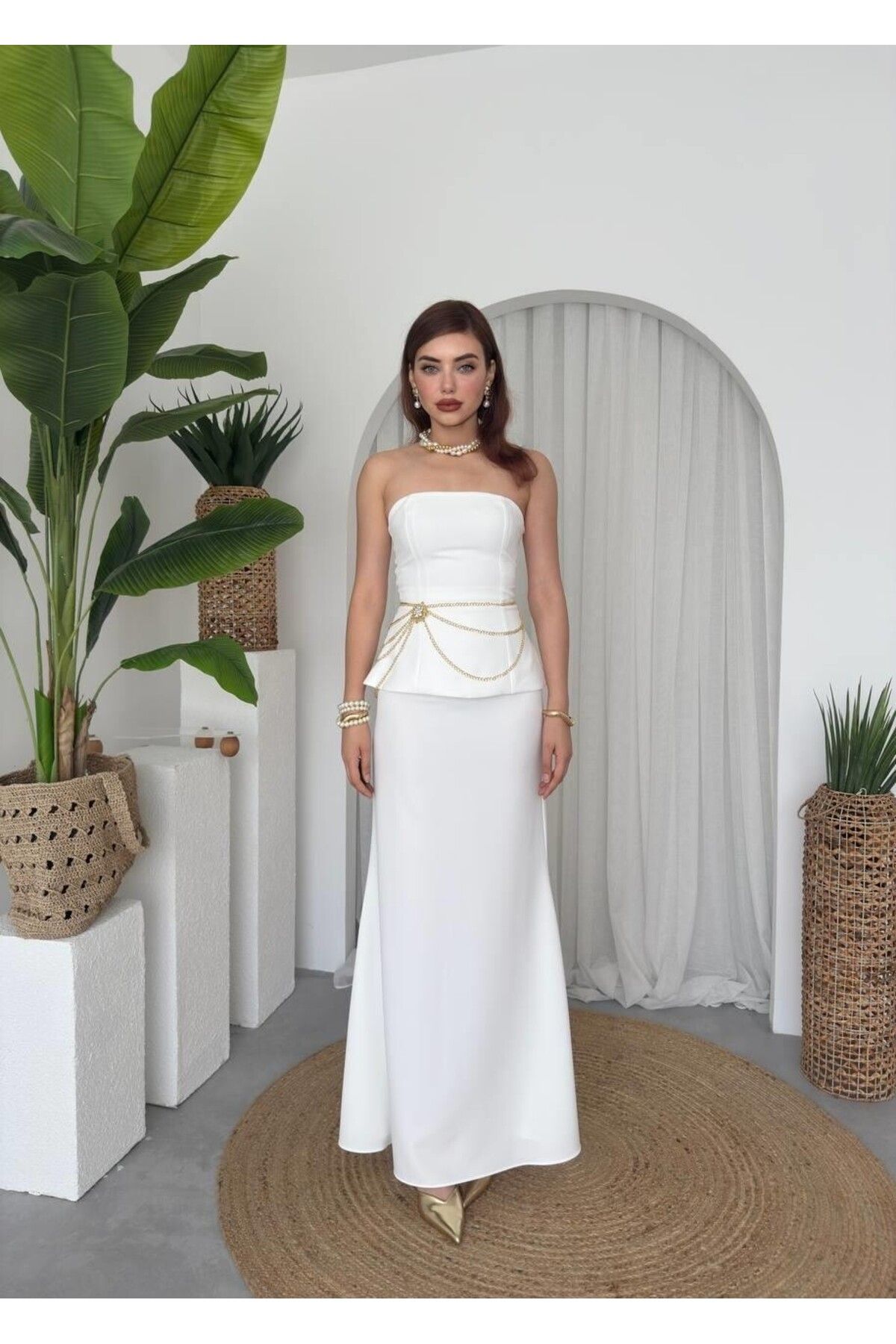 Julidress Takım Görünümlü Straplez Yaka Maxi Uzun Boy Premium Elbise