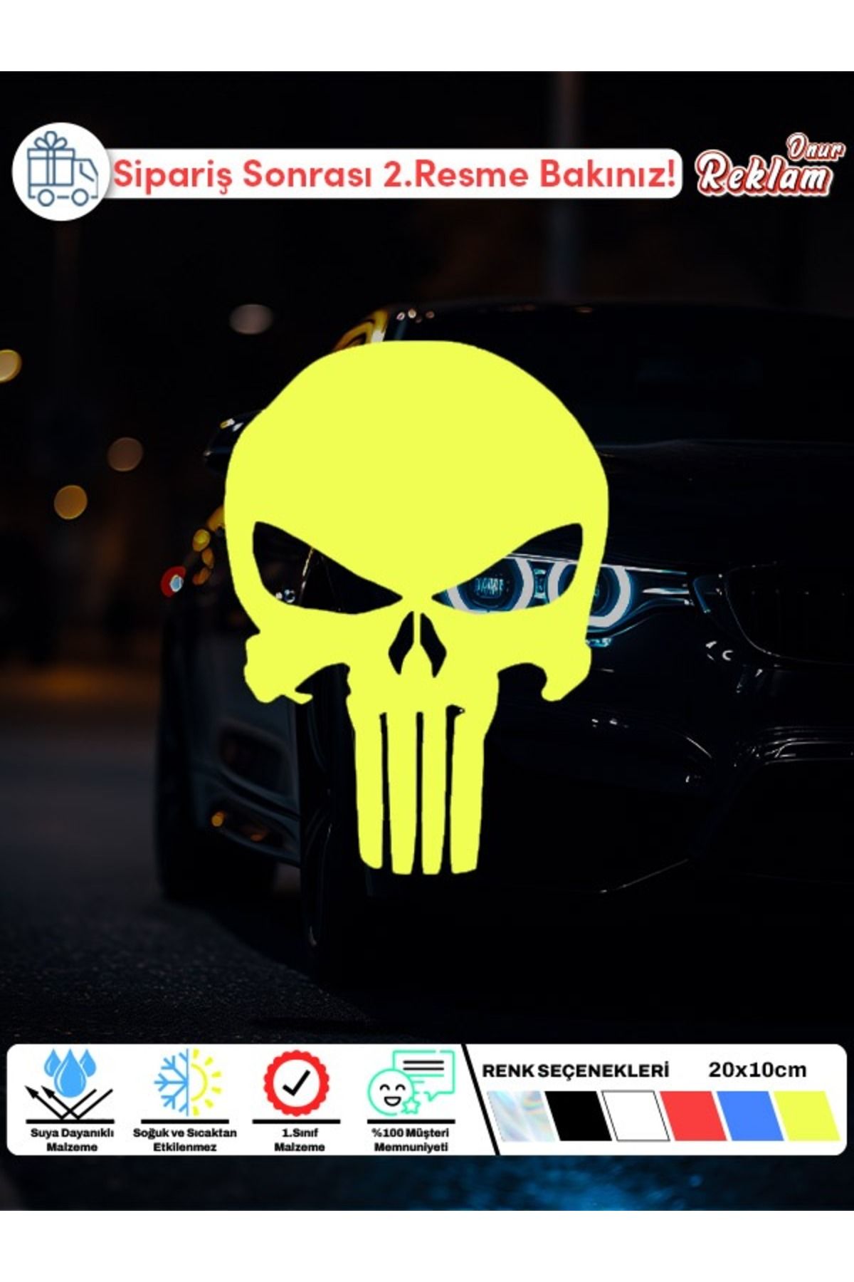 Onur Reklam Punisher Kafatası Sticker – Fosforlu & Renk Seçenekli – 20x10 cm