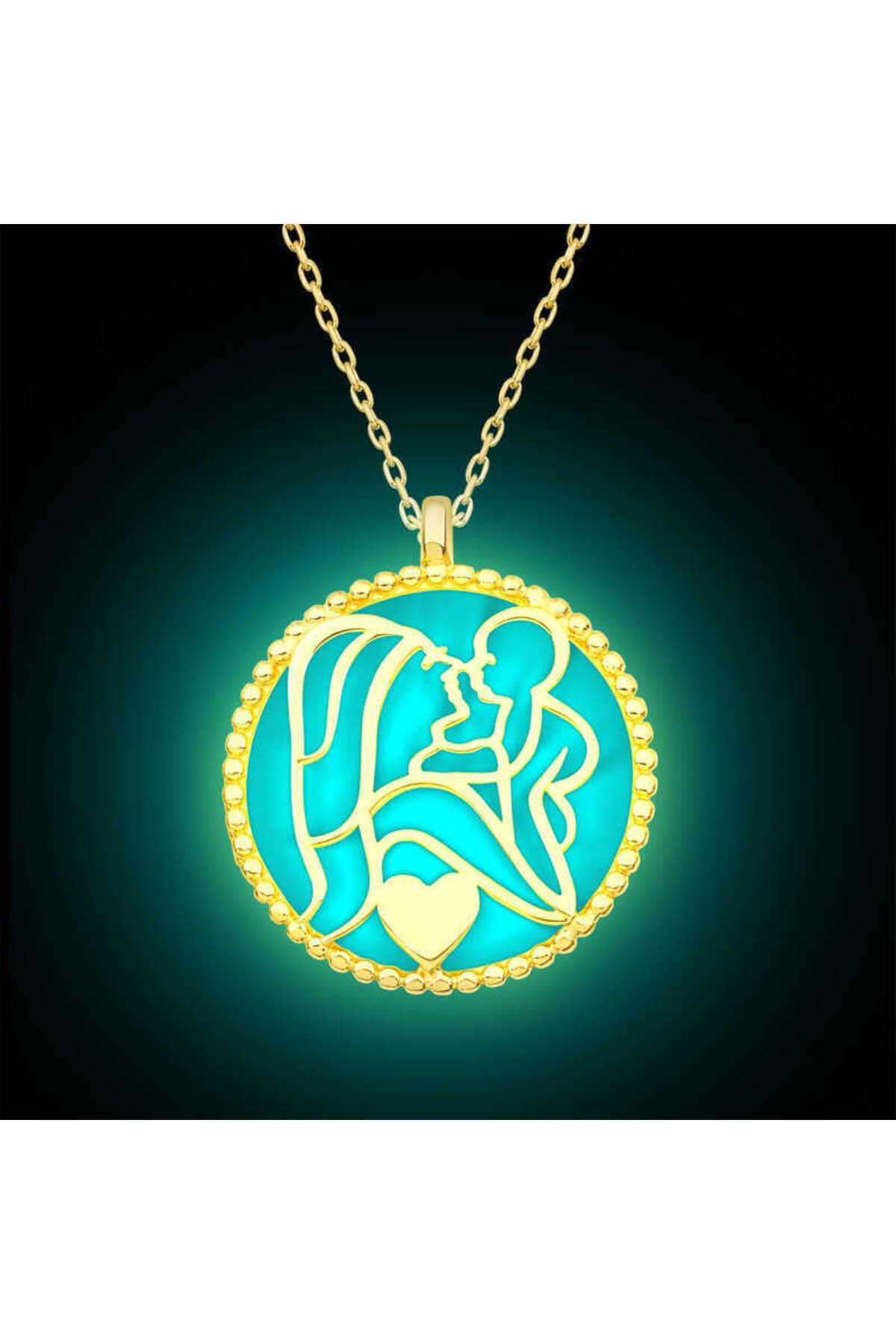SERRA JEWELS Gümüş Fosforlu Gold Anne Çocuk Sevgisi Kadın Kolye