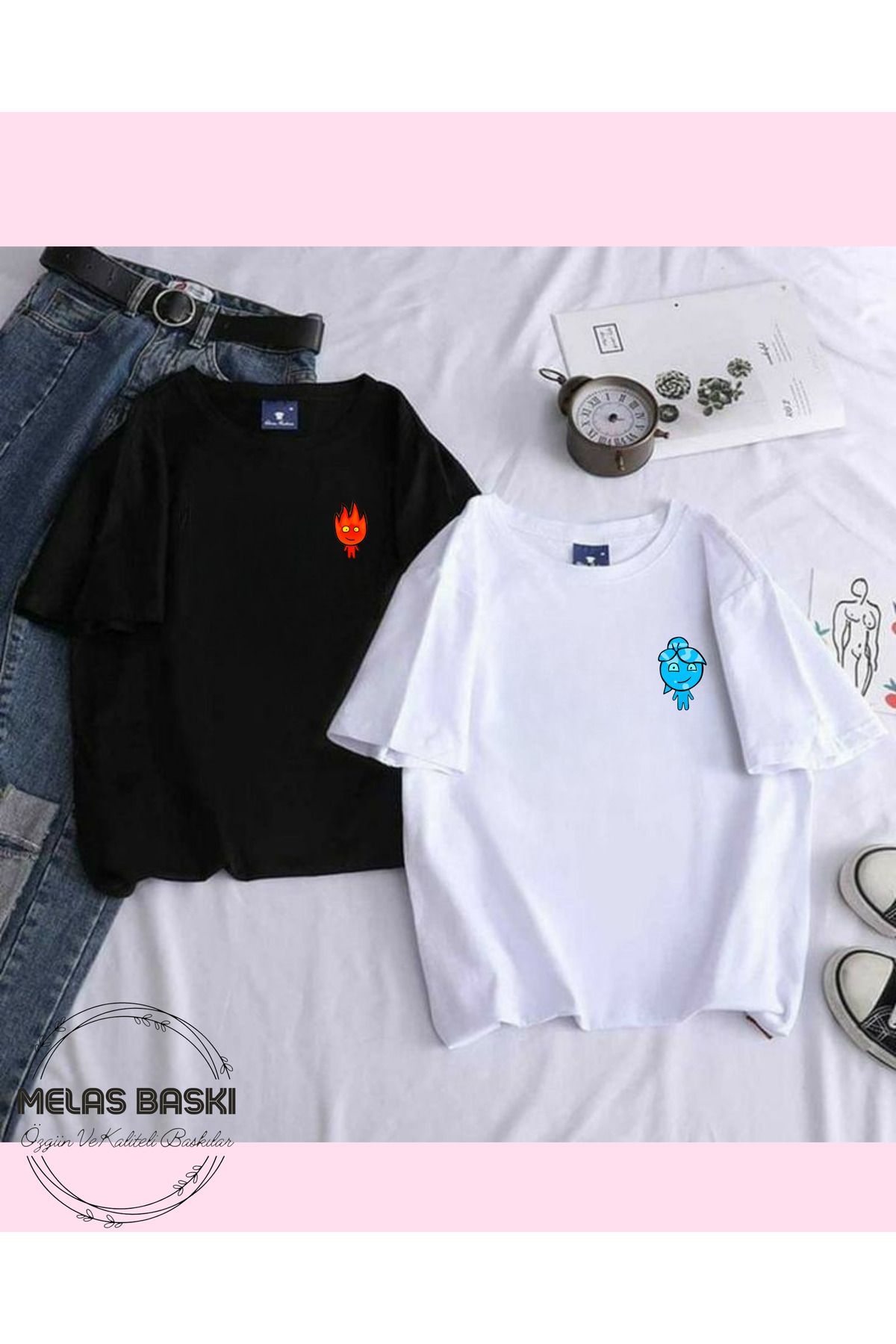 MELAS BASKI Pamuklu Oversize Çift & Sevgili Kombin Tişört