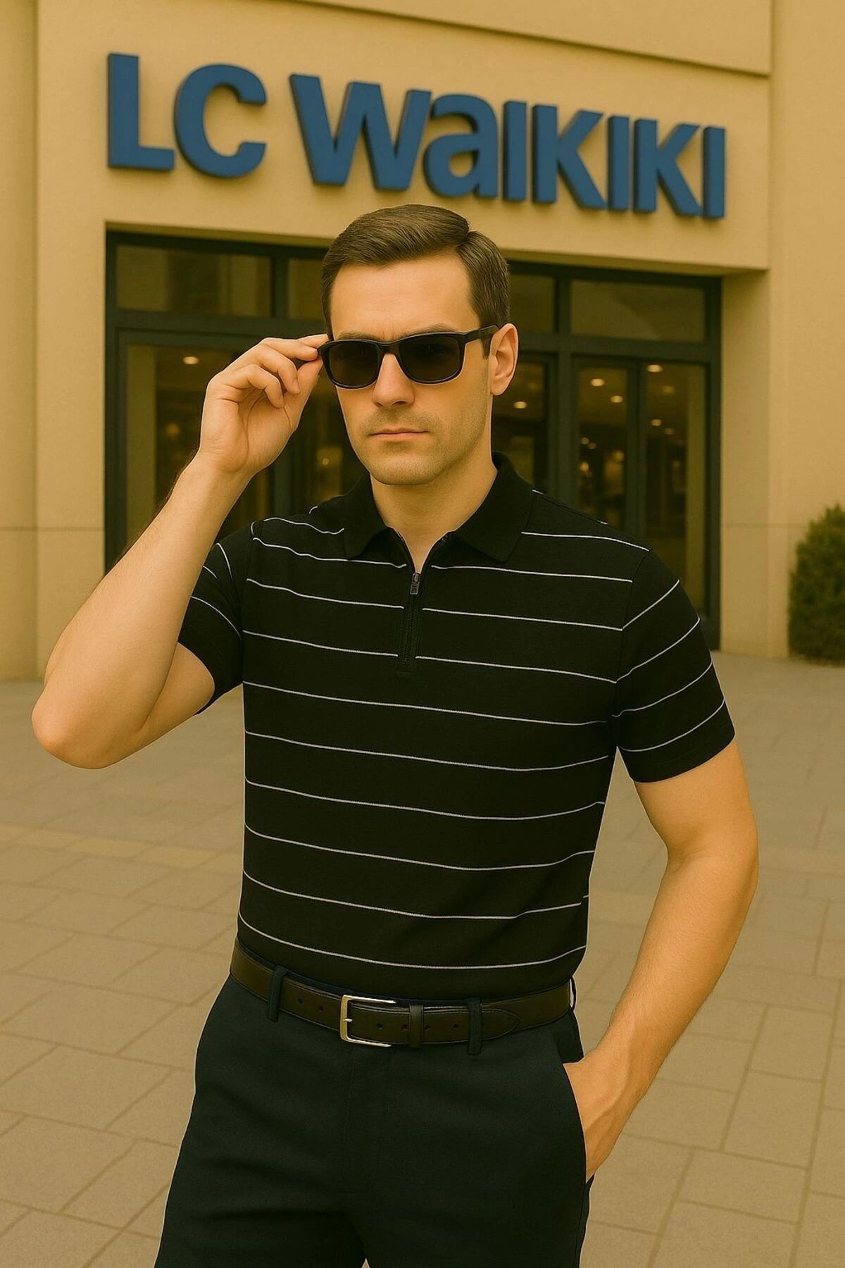 LC Waikiki LCWAIKIKI Polo Yaka, Fermuarlı, Modern Fit Kısa Kollu Erkek Çizgili Triko Tişört - Çizgili Tasarım