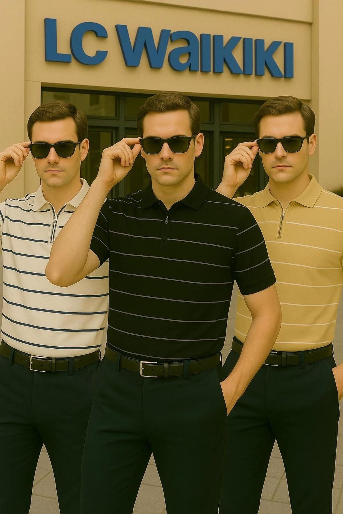 LC Waikiki LCWAIKIKI 3'lü Fırsat Polo Yaka, Fermuarlı, Modern Fit Kısa Kollu Erkek Çizgili Triko Tişört - Çizgi