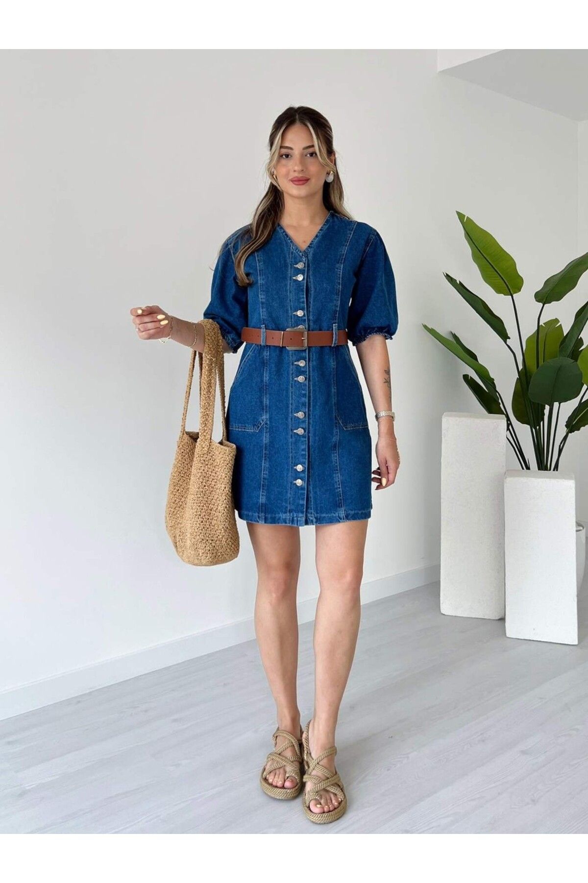 tiamoda Karpuz Kol Kemerli Denim Elbise