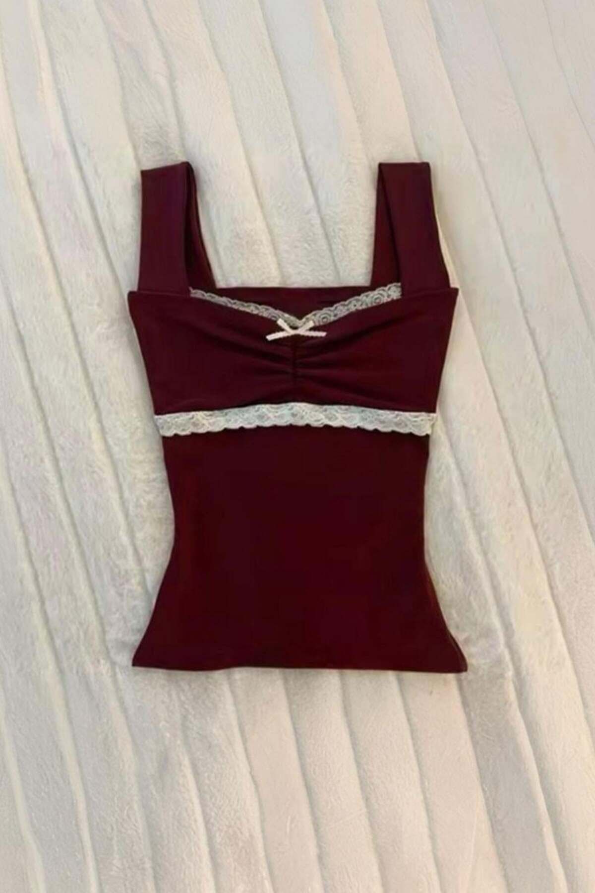 Pop Giyim Dantel Yaka Kurdele Detaylı Vintage Style Askılı Bluz