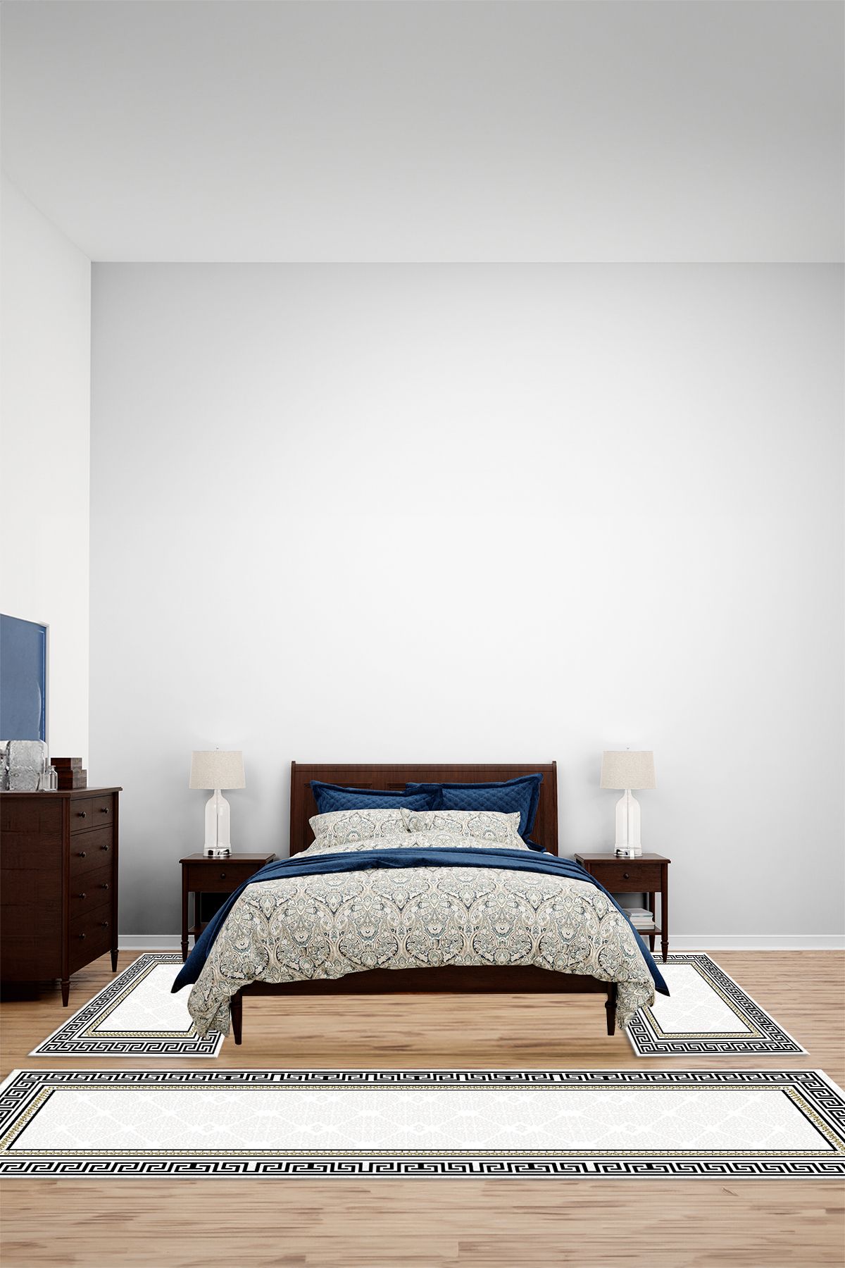 Viyana Home Dijital Kaymaz Yıkanabilir Çerçeveli Detaylı Üçlü Yatak Odası Takım Halısı, YO-ÇERÇEVELİ-163-SİYAH,
