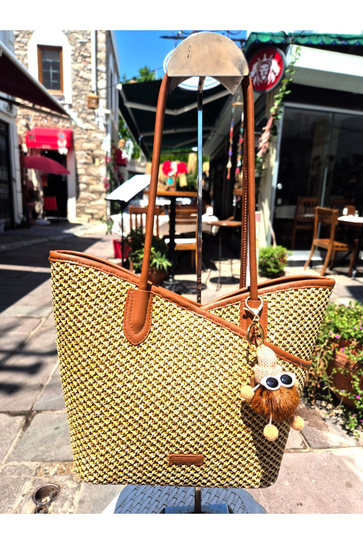 FASHION COCKTAIL İç Cüzdanlı Çift Çantalı Askılı Çıtçıtlı Fermuarlı Gözlük Maskotlu Hasır El Omuz Çantası Takımı