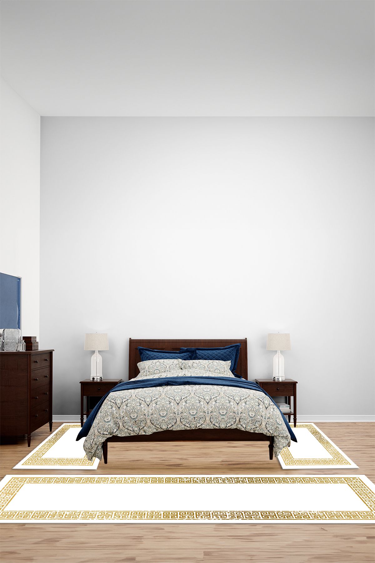 Viyana Home Dijital Kaymaz Yıkanabilir Çerçeveli Etnik Üçlü Yatak Odası Takım Halısı, YO-ÇERÇEVELİ-194-BEYAZ,