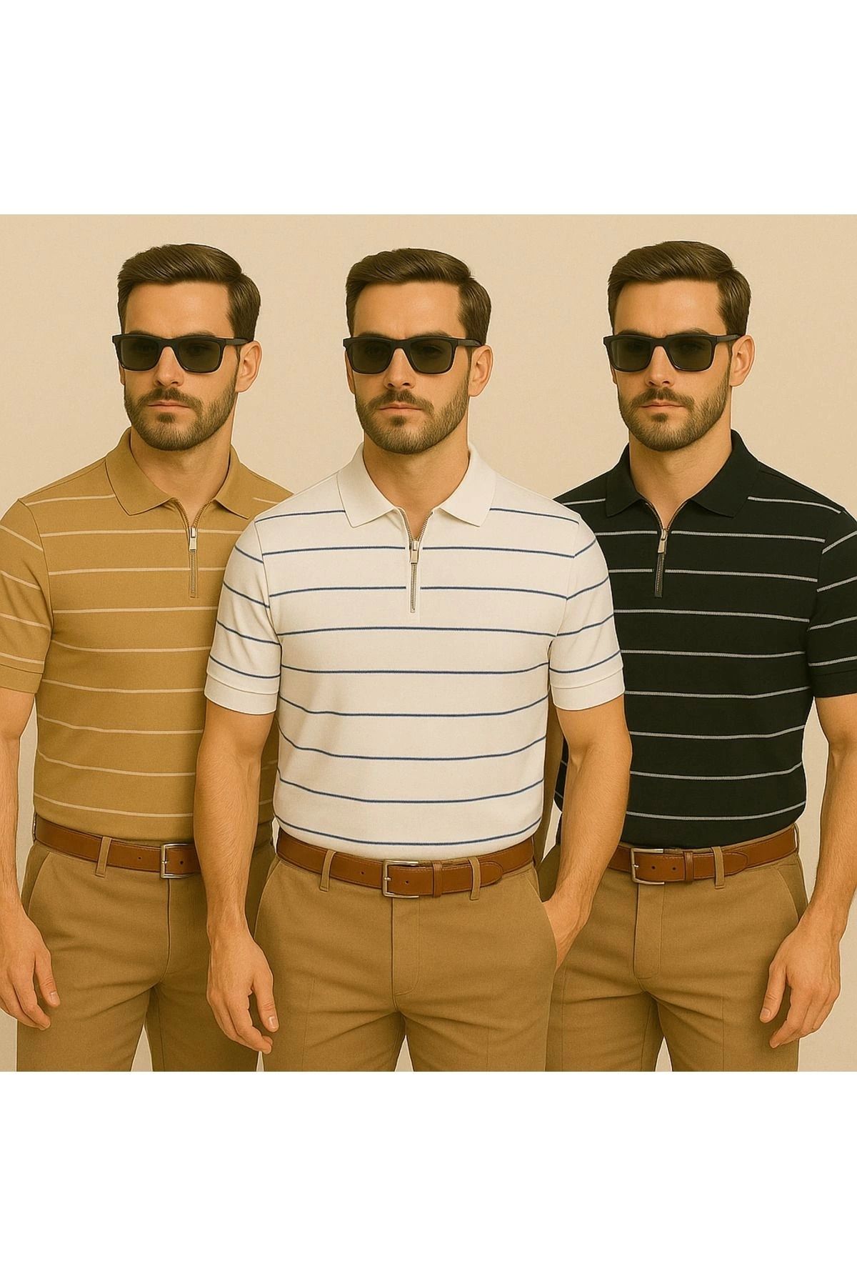 LC Waikiki LCWAIKIKI Yarım Fermuar Triko Yatay Çizgi Desenli Erkek Polo Yaka T-Shirt 3'lü Paket