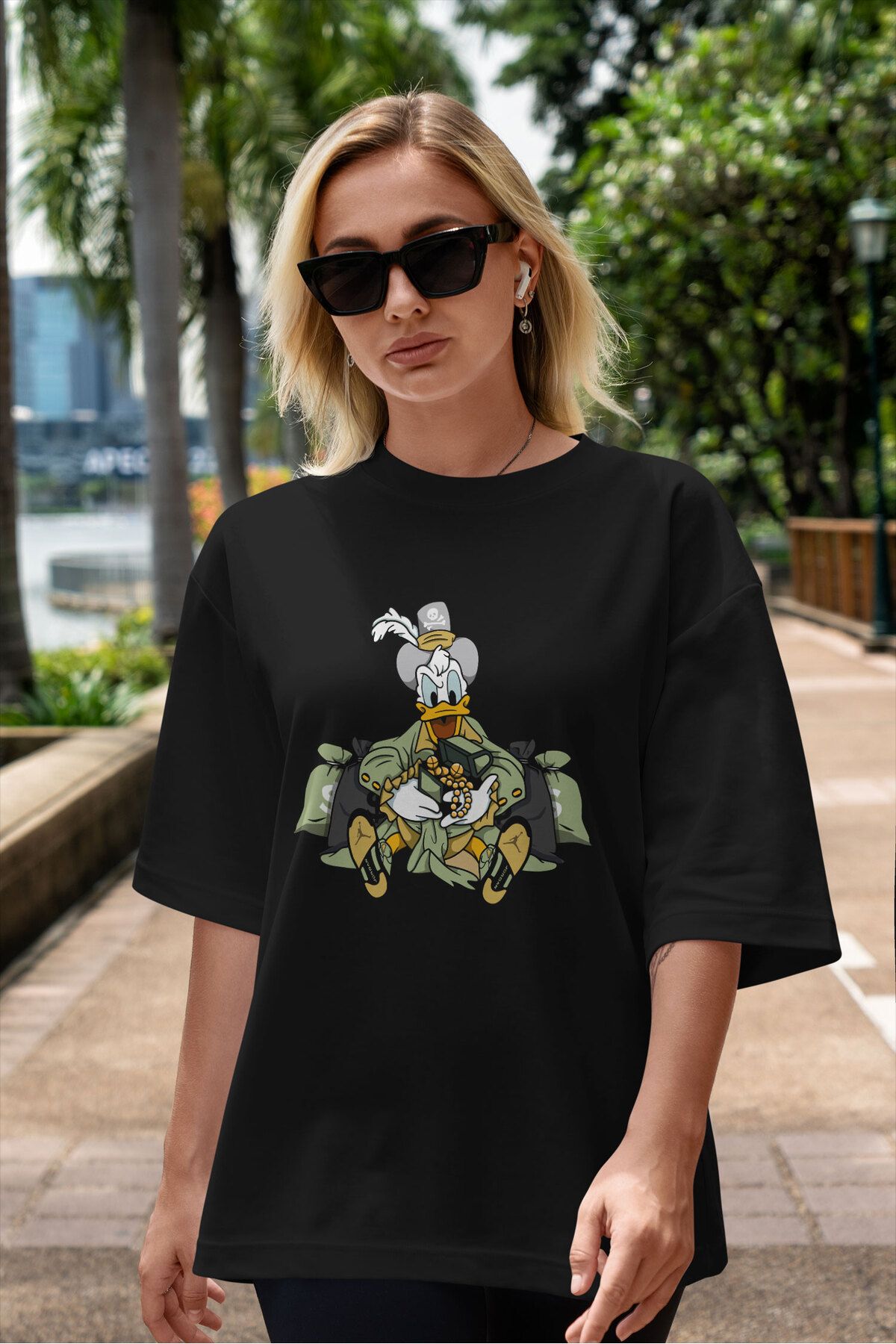 ELFAMİ Unisex Erkek/Kadın DONALD D Özel Baskılı Oversize Pamuklu Bisiklet Yaka T-Shirt