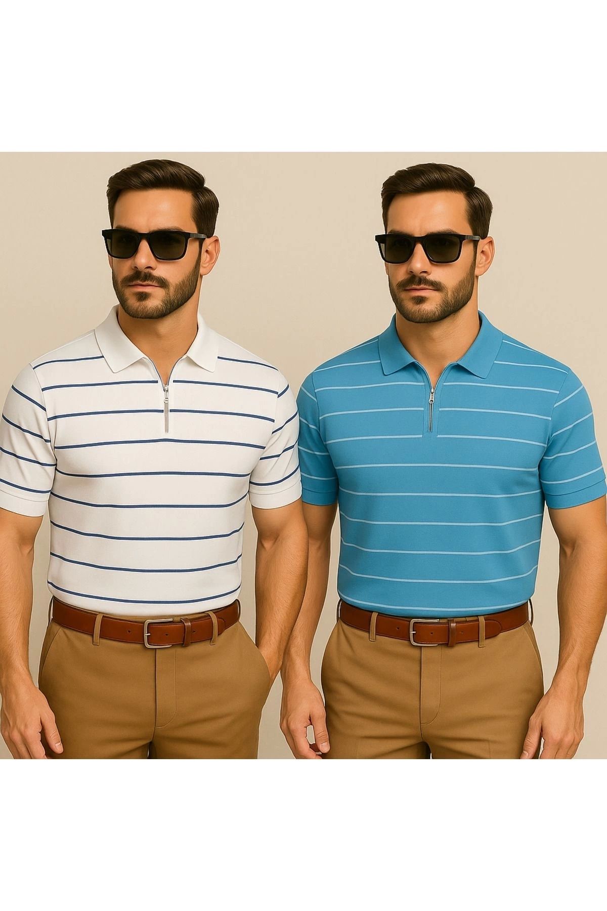 LC Waikiki LCWAIKIKI Yarım Fermuar Triko Yatay Çizgi Desenli Erkek Polo Yaka T-Shirt 2'li Paket