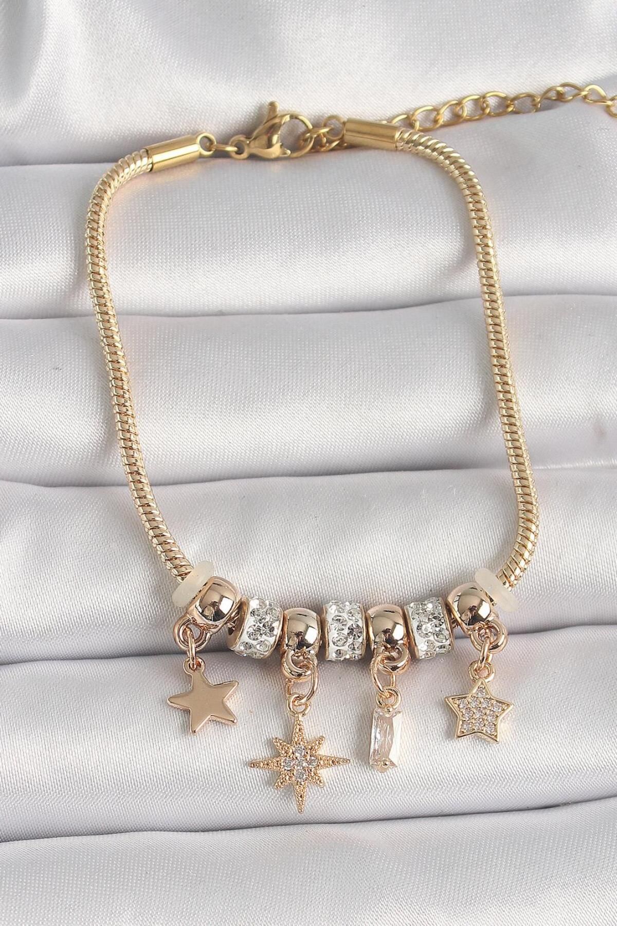 AfraBeauty 925 Ayar Paslanmaz Çelik Gold Renk Zincir Sallantı Zirkon Taşlı Yıldız Figür Kadın Bileklik