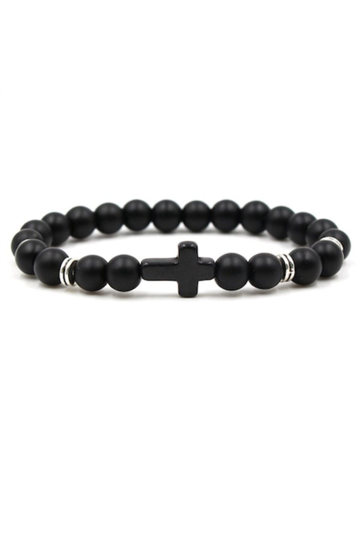 Tessero-Brățară elastică din piatră semiprețioasă, onix, model în formă de cruce, unisex, neagră 1