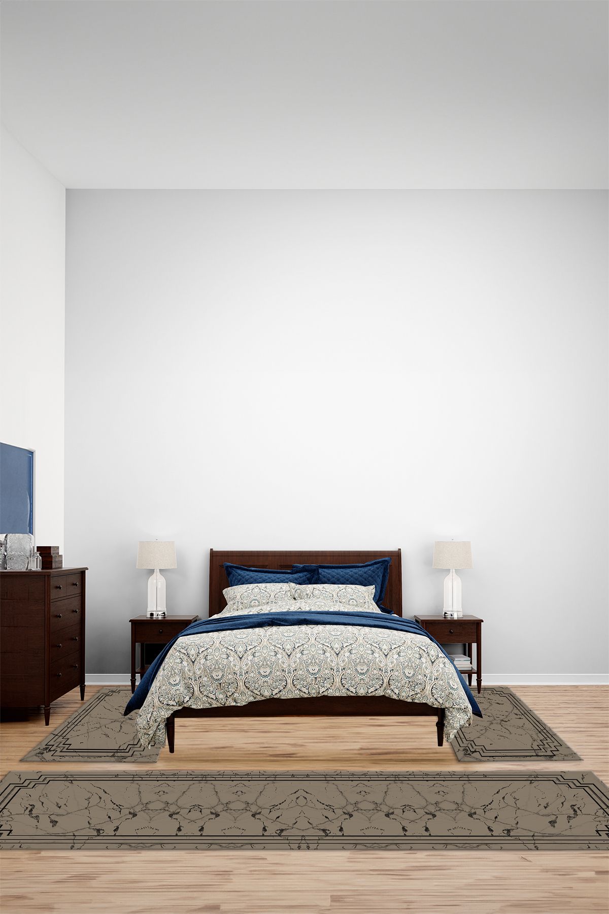 Viyana Home Dijital Kaymaz Yıkanabilir Çerçeveli Mermer Üçlü Yatak Odası Takım Halısı, YO-ÇERÇEVELİ-179-KAHVE,