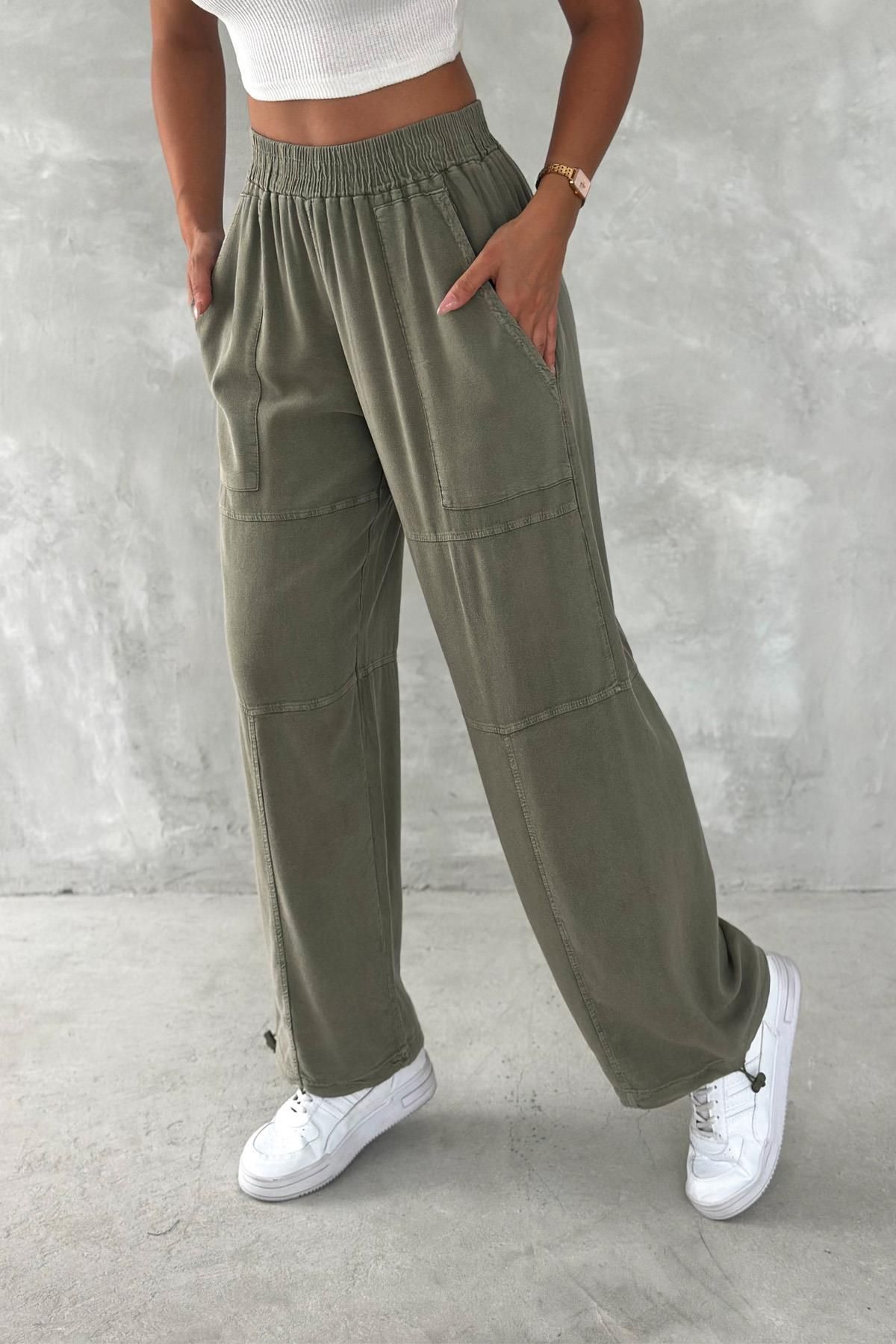 İstangül Butik Urban Ease Yüksek Bel Yıkamalı Paça Ayarlı Jogger Keten Pantolon
