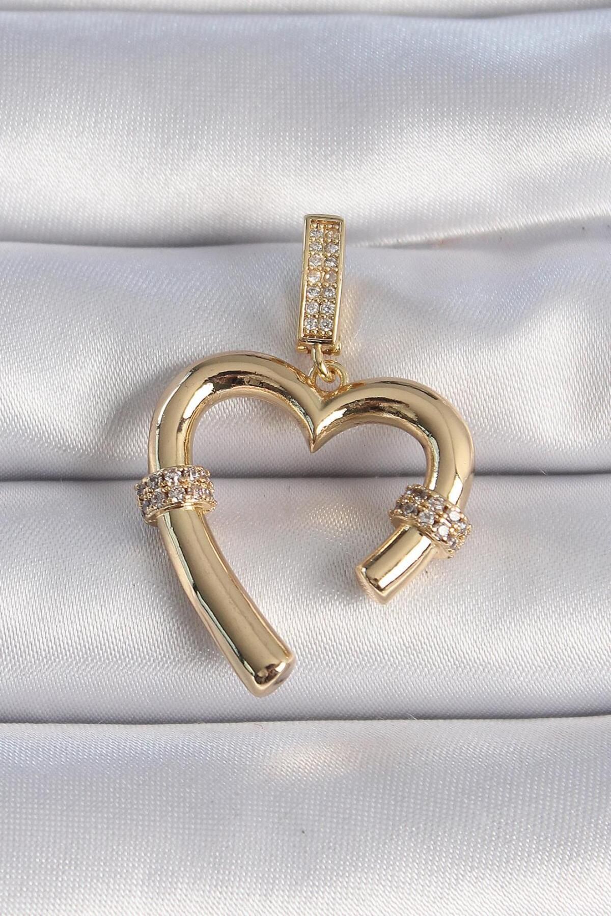 AfraBeauty 925 Ayar Paslanmaz Çelik Gold Renk Zirkon Taş Detaylı Kalp Figür Ajda Charm