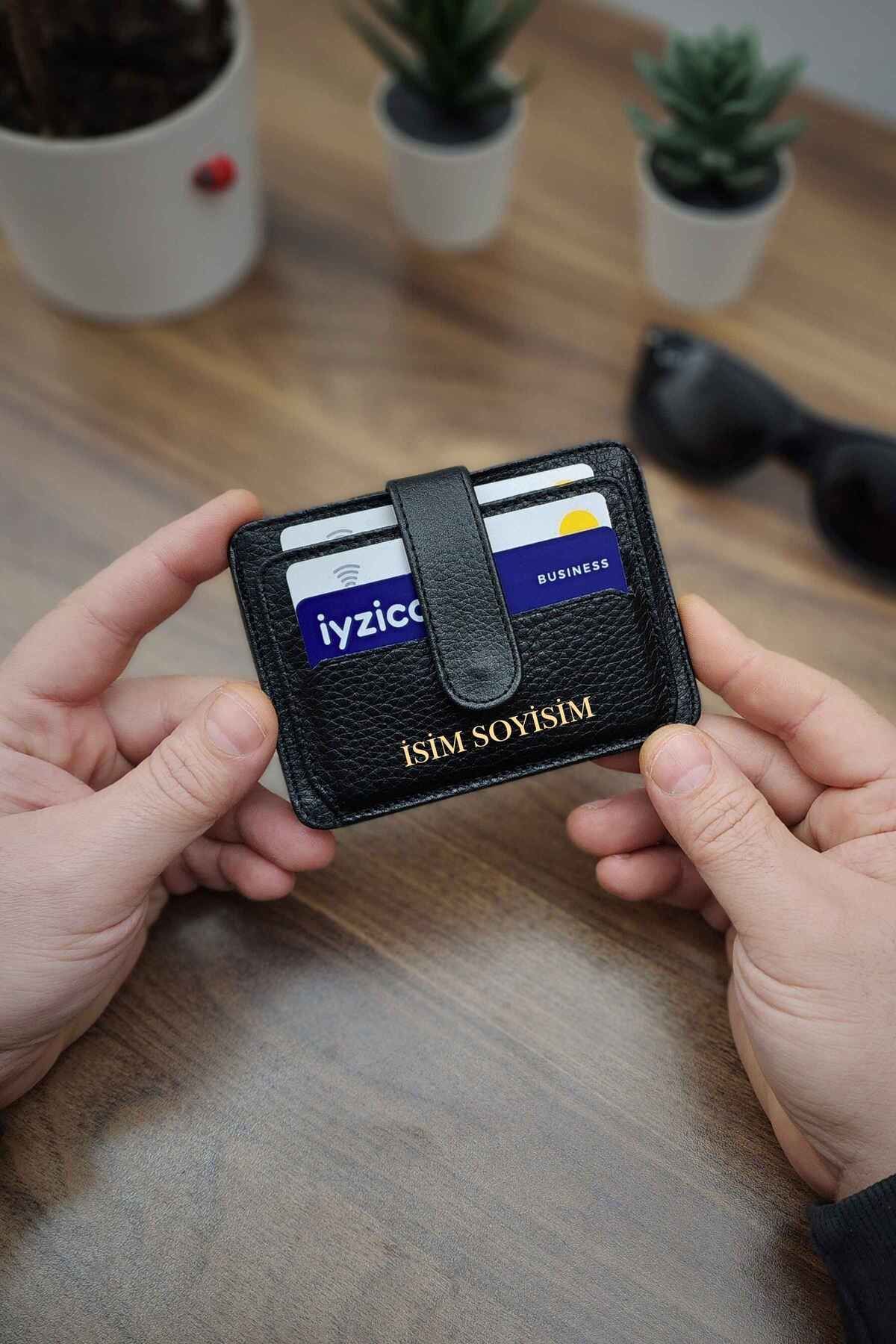 VANİLLA COLLECTİON İsim Baskılı Siyah Hakiki Deri Kartlık Yatay Model Cüzdan Kartlık Portföy 10 Adet Kart bölmeli