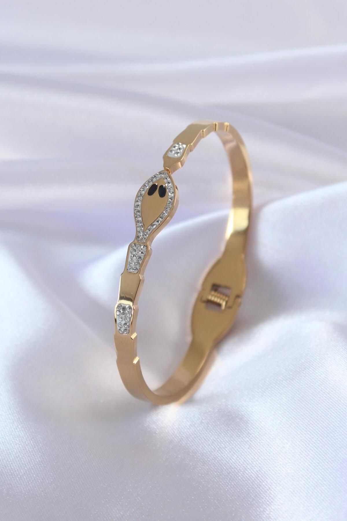 AfraBeauty 316L Çelik Gold Renk Yılan Model Zirkon Taş Detay Kadın Kelepçe