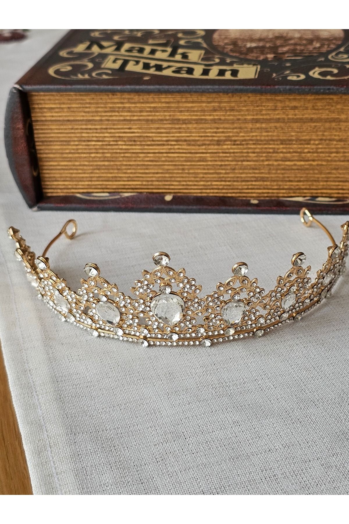 Cinderella Özel Seri Kristal Su Damlası Zirkon Taşlı Prenses Gelin Tacı Gold - Kraliçe Helen Düğün Nikah Taç