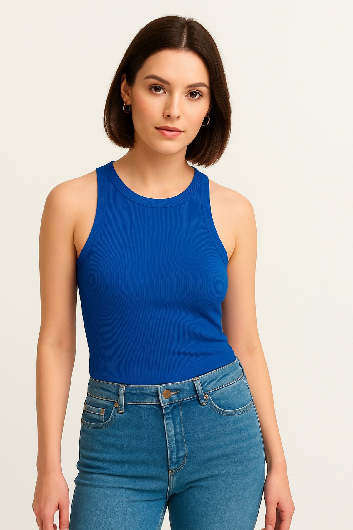 Salvi Kadın Lacivert Fitilli T-shirt Halter Yaka Örme Atlet