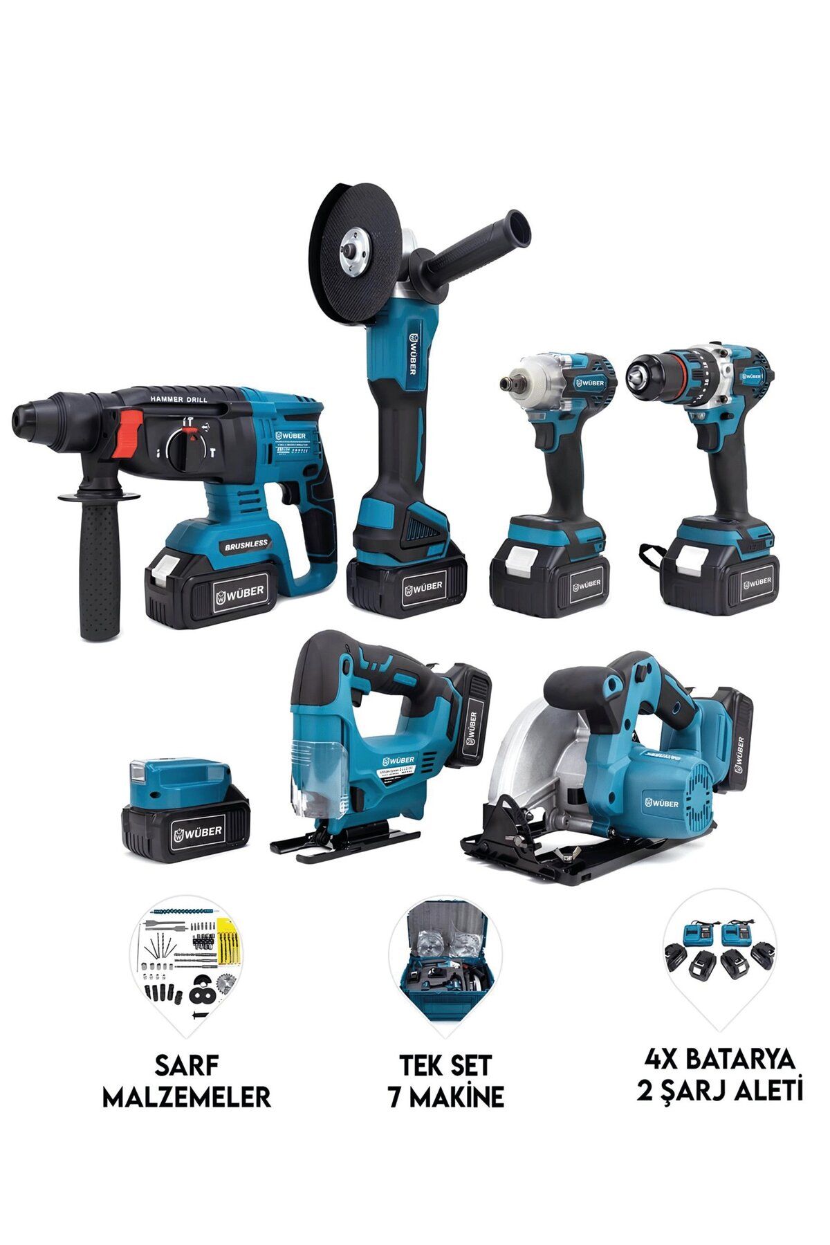 wüber GERMANY PRO YEDİLİ SET POWERBANK&LED+ Ş.Hilti+Ş.spral+S.Sıkma+13mm Ç.Mandren+Ş.Dekupaj+Sunta